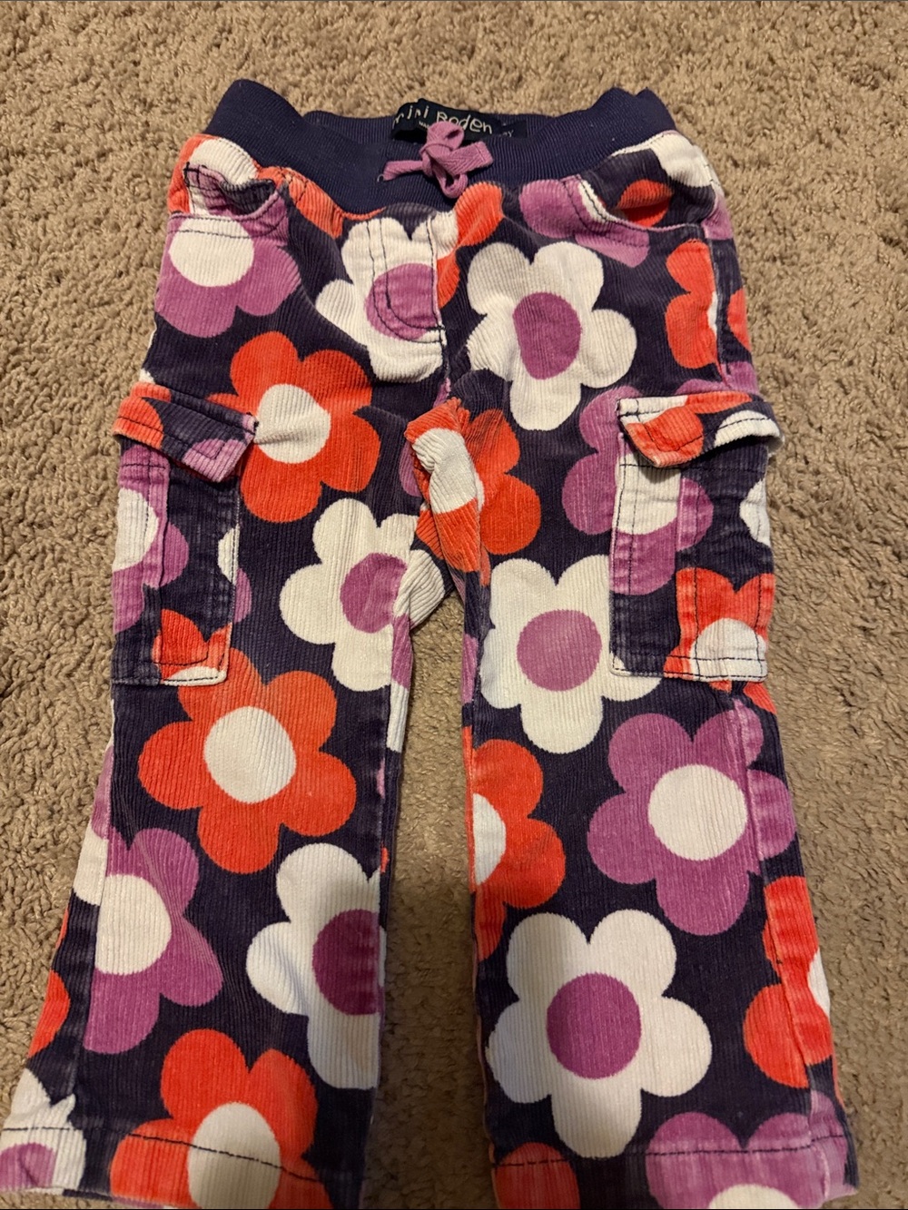 Mini Boden 2T Kids Floral Corduroy Cargo Pants - Purple/Orange/White